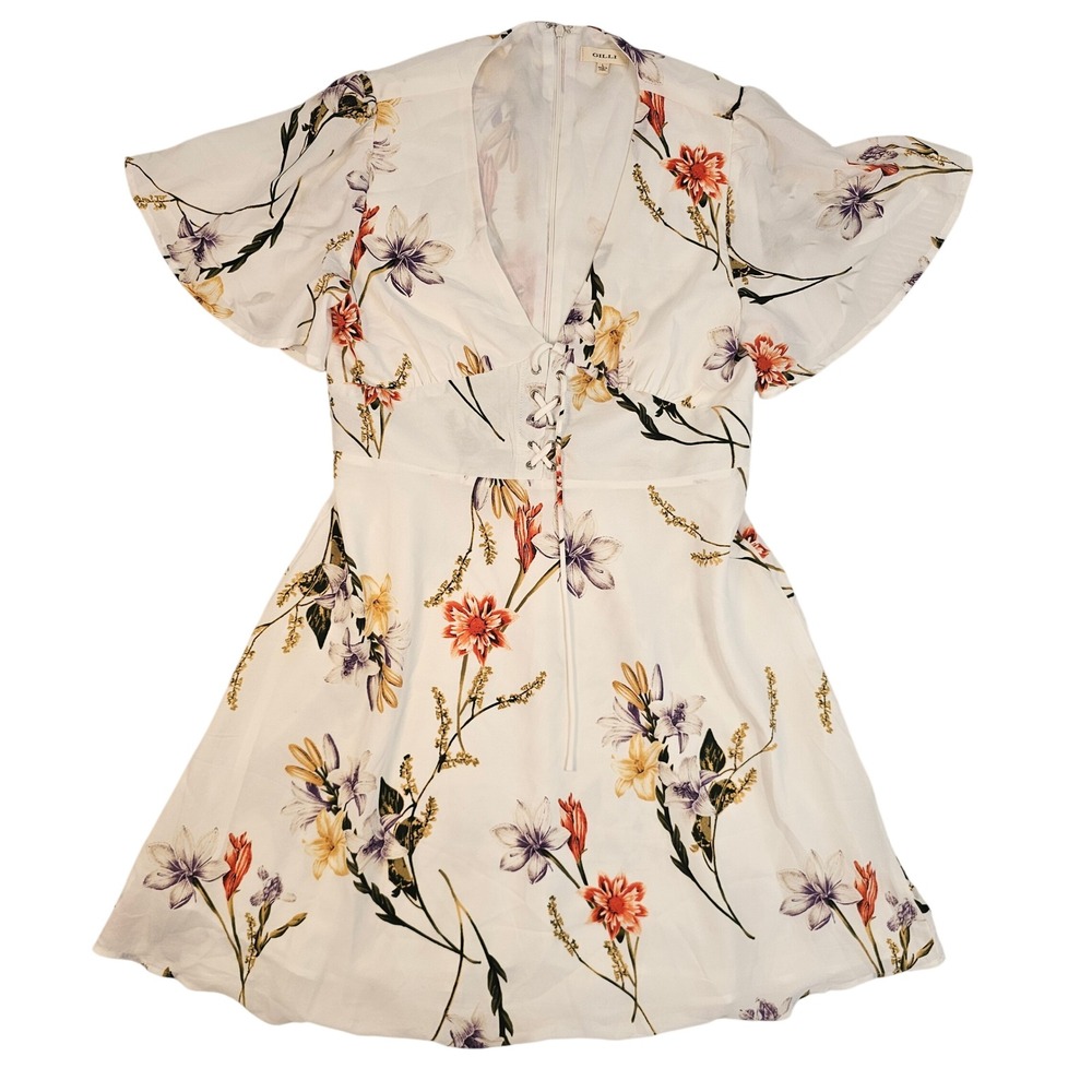 Gilli Women Floral Lace Up Front Flutter Sleeve V-Neck Mini Dress White Large